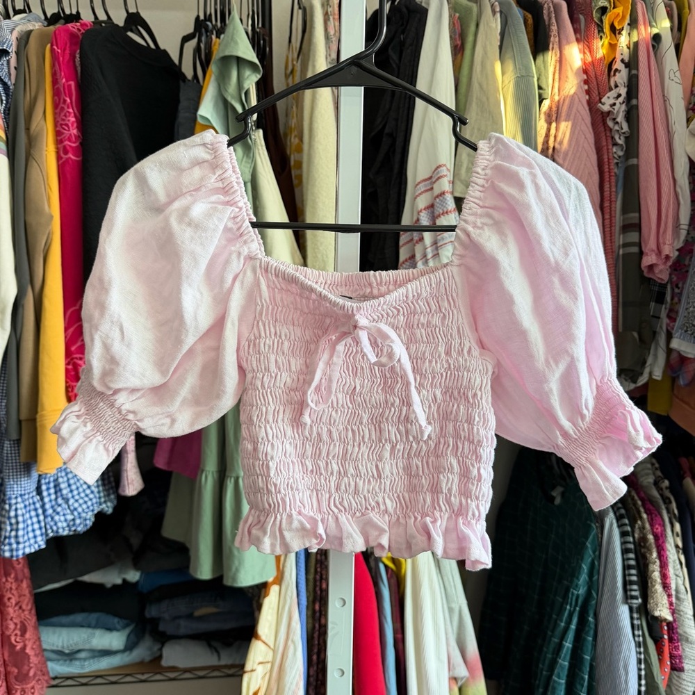 Faithfull The Brand Lenora Top in Plain Ice Pink Size Small Size 4 Puff Sleeve - Picture 2 of 6